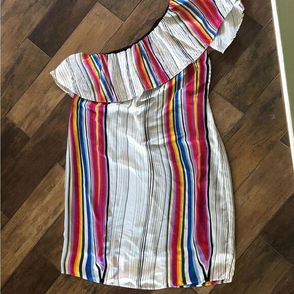 RACHEL Rachel Roy Multicolor Striped Flounce One Shoulder MIDI Dress - Plus 1X - Picture 2 of 11